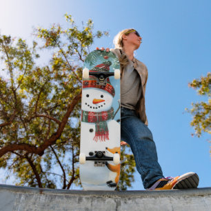 Cute Winter Woodland Snowman Foxes Skateboard
