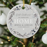 Cute Winter Wreath 1st Christmas New Home Photo Ceramic Tree Decoration<br><div class="desc">Modern rustic first Christmas in your New Home keepsake ornament,  featuring a watercolor botanical festive foliage wreath on a chic grey rustic background,  a typography combination of calligraphy script and serif fonts and a photograph of your choice on the reverse.</div>