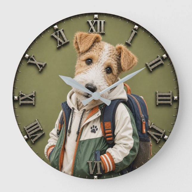 Cute Wire Fox Terrier Puppy Large Clock (Front)