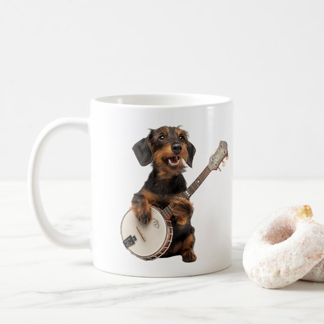 Cute Wire-Haired Dachshund Plays Banjo Coffee Mug (With Donut)