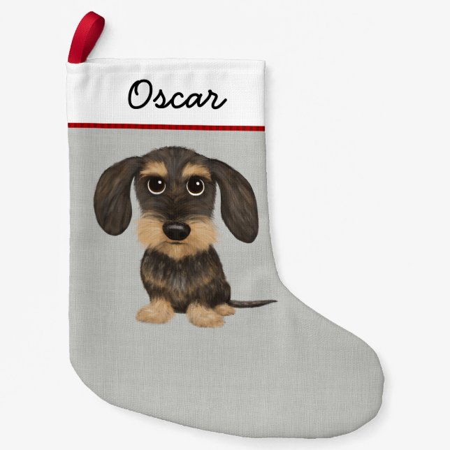 Cute Wirehaired Dachshund Teckel Dog Personalised Small Christmas Stocking (Front)