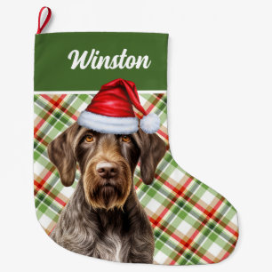 Cute Wirehaired Pointer Dog Red Green Plaid Custom Large Christmas Stocking