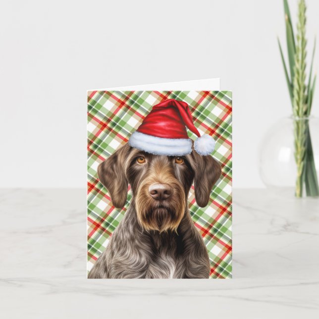 Cute Wirehaired Pointer Santa Dog Red Green Plaid Holiday Card (Front)