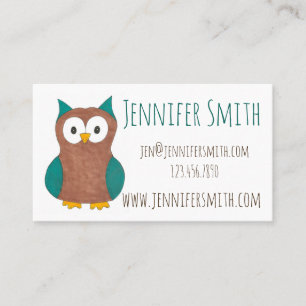 Cute Wise Brown Blue Cartoon Owl Bird Animal Business Card