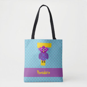 Cute & Wise Purple & Aqua Owl & Stars Monogrammed Tote Bag