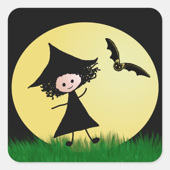 Cute Witch and Bat Halloween Sticker (Front)