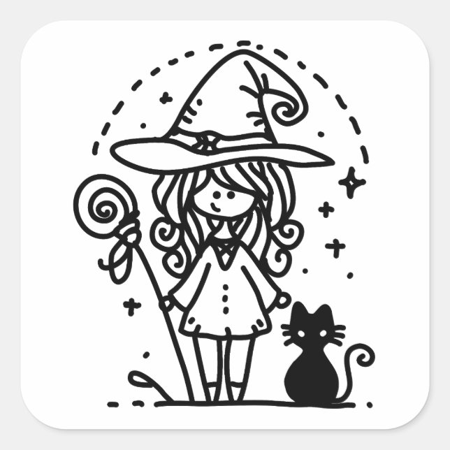 Cute Witch and Black Cat Doodle Square Sticker (Front)