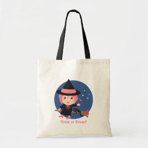 Cute Witch and Black Cat on Flying Broom Tote Bag