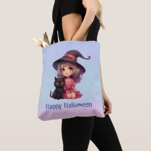 Cute Witch and Black Cat Pink and Blue Halloween Tote Bag