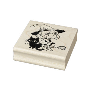 Cute Witch and Black Cat Rubber Stamp