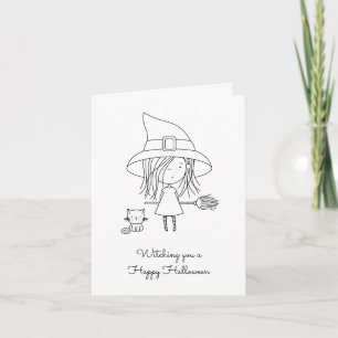 Cute Witch and Cat Halloween Colouring Card