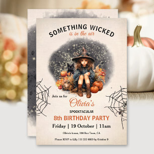 Cute Witch and Cat Halloween Girls' Birthday Invitation