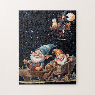 Cute Witch And Happy Gnomes In Starry Night Puzzle