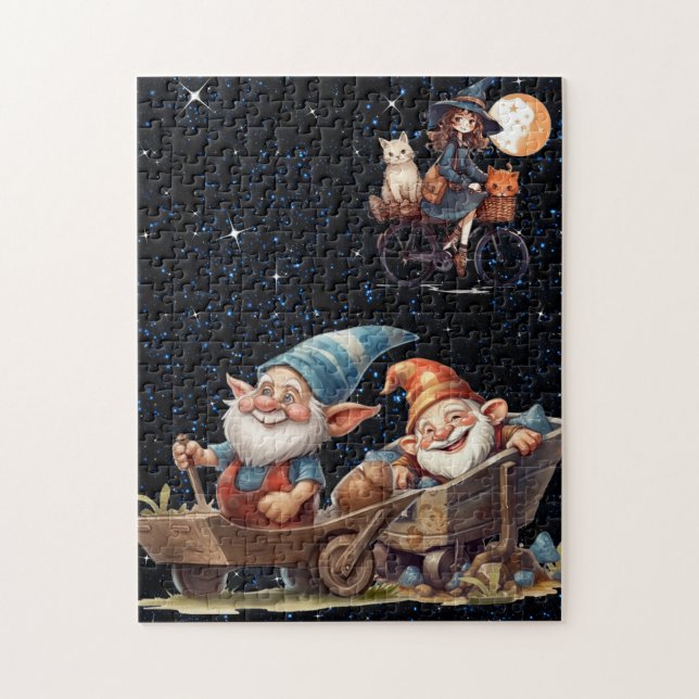 Cute Witch And Happy Gnomes In Starry Night Puzzle (Vertical)