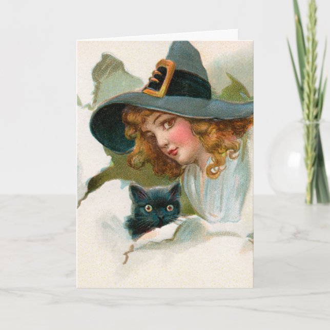 Cute Witch and Her Black Cat Halloween Card (Front)