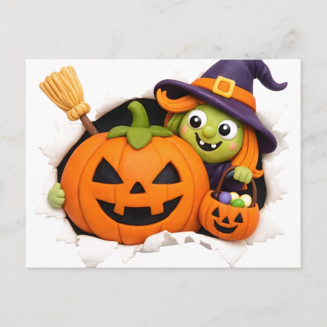 Cute Witch and Jack-o'-Lantern Clay Figurine Postcard (Front)