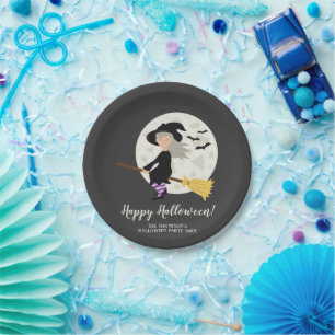 Cute Witch And Personalizable Halloween Event Text Paper Plate