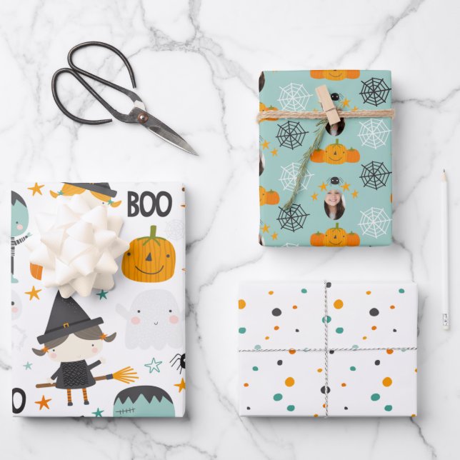 Cute witch and pumpkin personalised  wrapping paper sheet (Front)