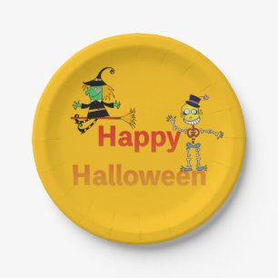 Cute Witch and Skeleton Halloween Fun Paper Plate