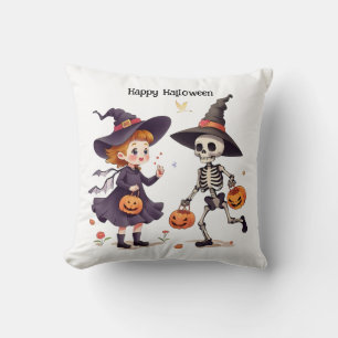 Cute Witch and Skeleton Kids Halloween Cushion