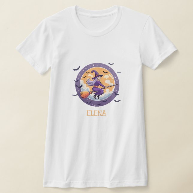 Cute Witch and Spooky Bats T-Shirt (Laydown)