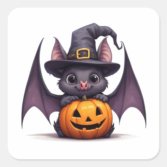 Cute Witch Bat And Pumpkin Halloween Fun 👻 Square Sticker (Front)