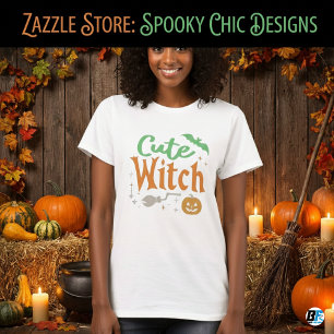 Cute Witch Black and White Womens Halloween  T-Shirt