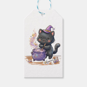 Cute Witch Black Cat Brewing Magic Potion Hallowee Gift Tags