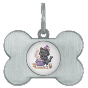 Cute Witch Black Cat Brewing Magic Potion Hallowee Pet ID Tag