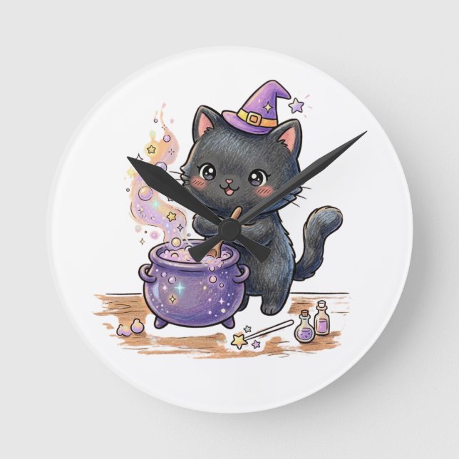 Cute Witch Black Cat Brewing Magic Potion Hallowee Round Clock (Front)