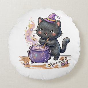 Cute Witch Black Cat Brewing Magic Potion Hallowee Round Cushion