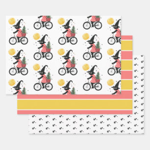 Cute Witch Black Cat Cycling Spooky Christmas Wrapping Paper Sheet