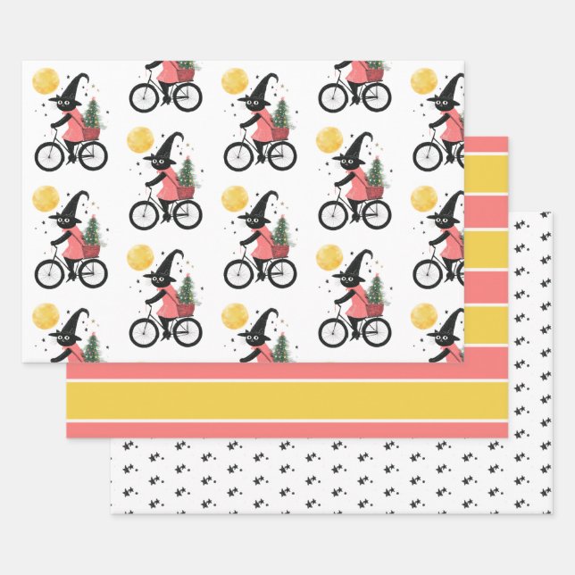 Cute Witch Black Cat Cycling Spooky Christmas Wrapping Paper Sheet (Set)
