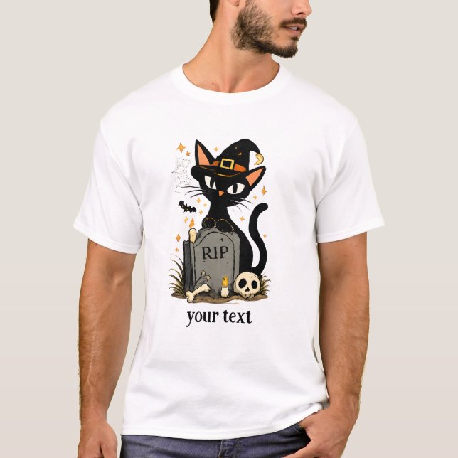 Cute Witch Black Cat Graveyard Halloween T-Shirt (Front)