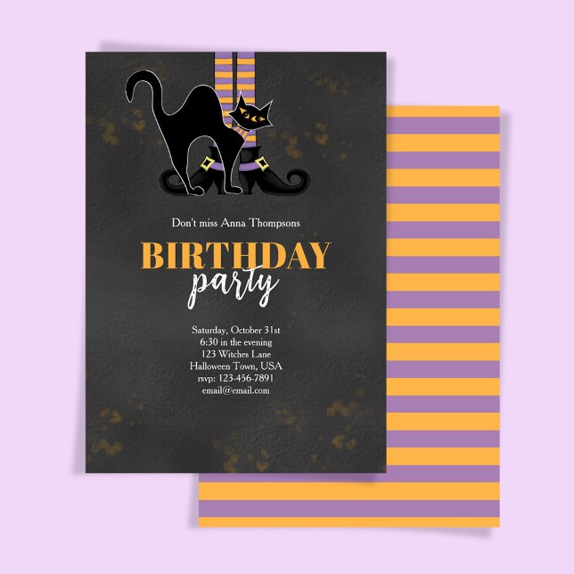 Cute Witch Black Cat Halloween Birthday Party Invitation (Birthday Halloween party invitation with witch and black cat.)
