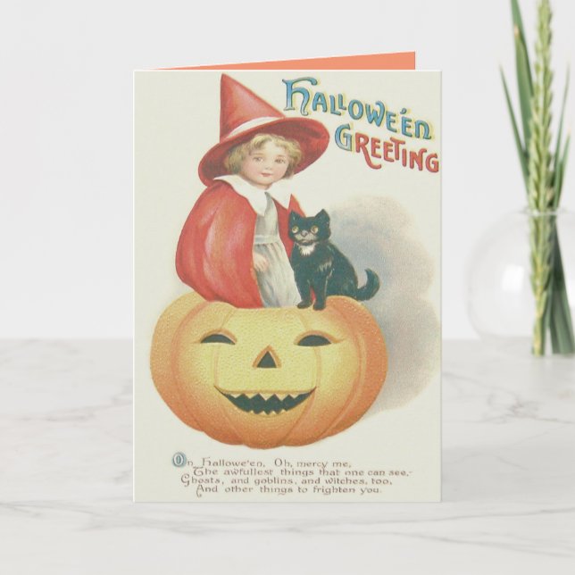 Cute Witch Black Cat Jack O Lantern Card (Front)