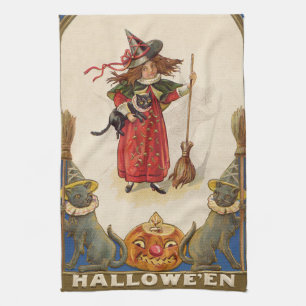 Cute Witch Black Cat Jack O' Lantern Tea Towel