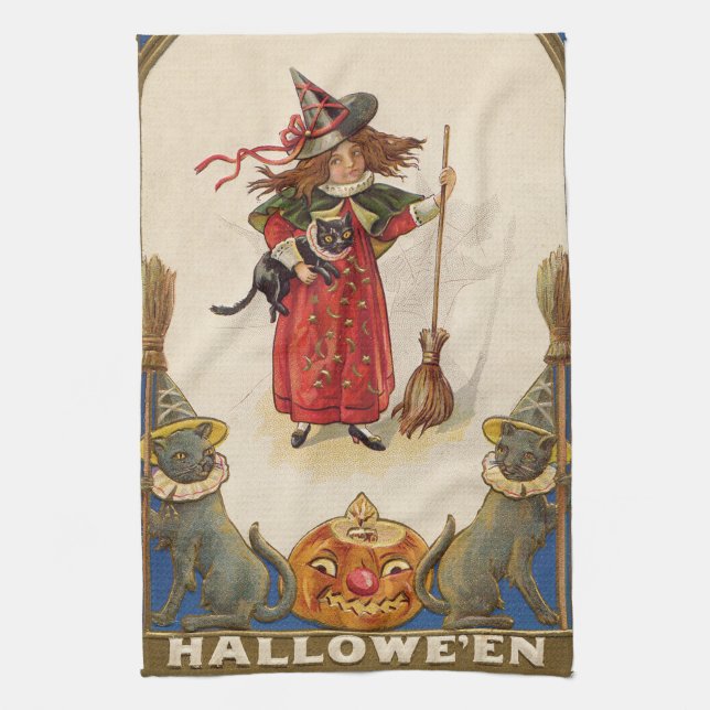 Cute Witch Black Cat Jack O' Lantern Tea Towel (Vertical)