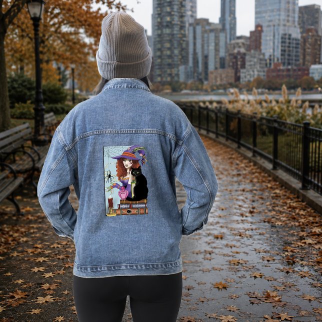 Cute Witch Black Cat Pink Potions Books Denim Jacket (Creator Uploaded)