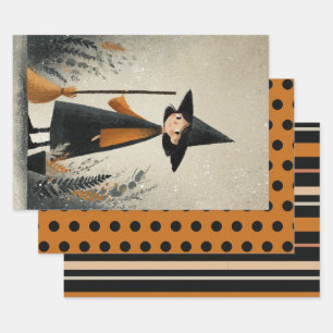 Cute Witch Burnt Orange& Black Halloween Wrapping Paper Sheet