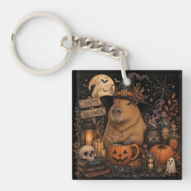 Cute Witch Capybara Halloween Key Ring (Front)