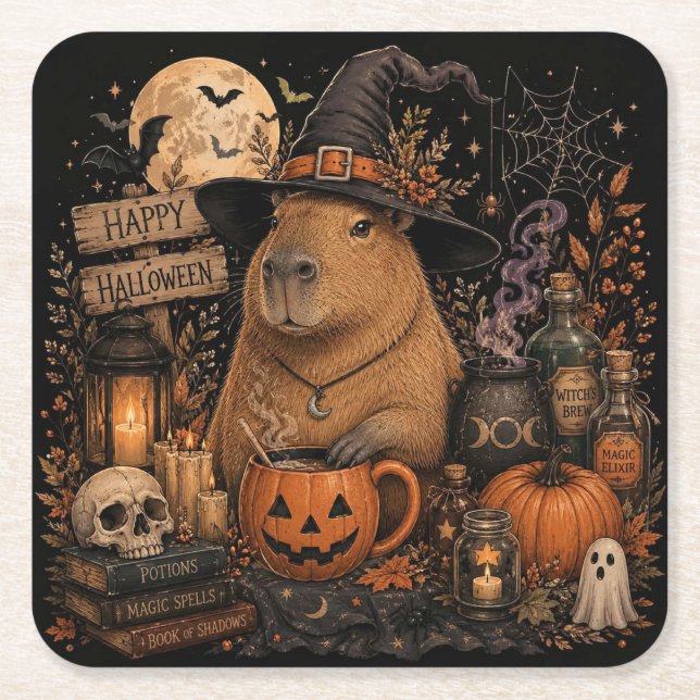 Cute Witch Capybara Halloween Square Paper Coaster (Front)