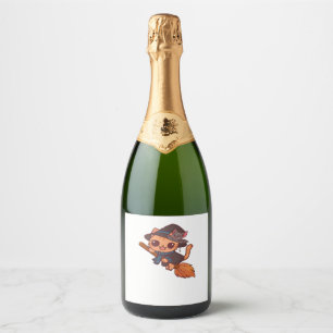 Cute Witch Cat and Bat on Broom � Kawaii Halloween Sparkling Wine Label