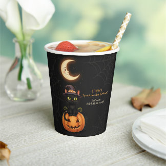 Cute Witch Cat and Pumpkin Birthday Paper Cups