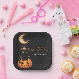 Cute Witch Cat and Pumpkin Birthday Paper Plate