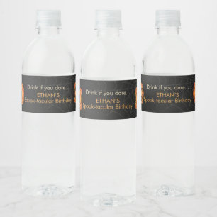 Cute Witch Cat and Pumpkin Birthday Water Bottle Label