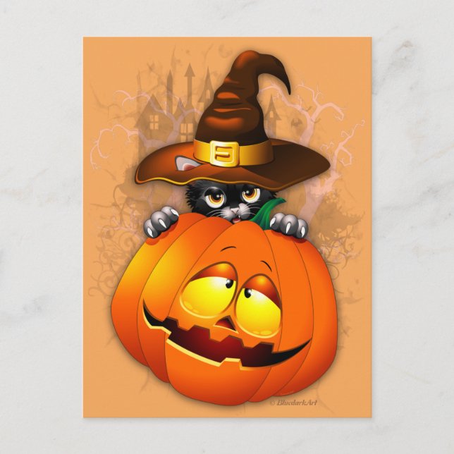 Cute Witch Cat and Pumpkin Halloween Friends Postcard (Front)