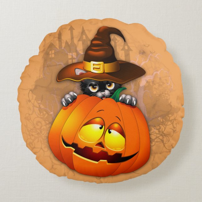 Cute Witch Cat and Pumpkin Halloween Friends Round Cushion (Front)