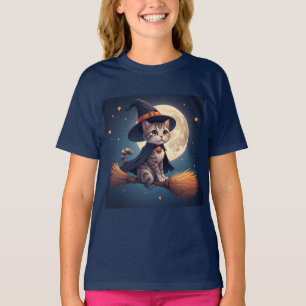 Cute Witch Cat And Stars Halloween Moon Scene 🎃 T-Shirt