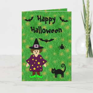 Cute Witch, Cat, Bats & Spider Halloween Card